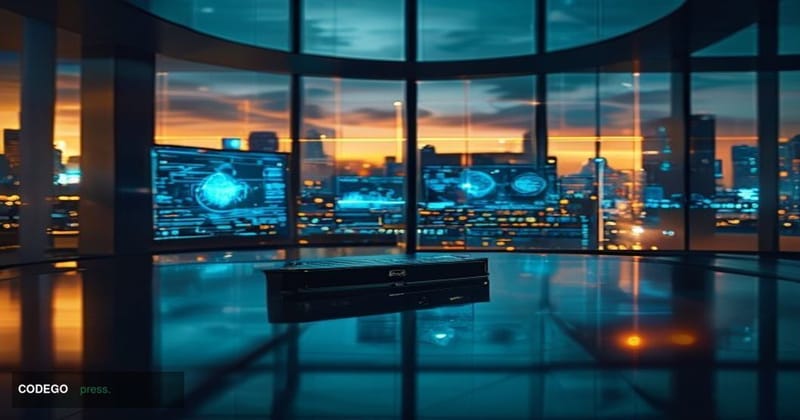 A cinematic editorial photograph set inside a sleek, modern financial technology operations center, shot from a low angle loo