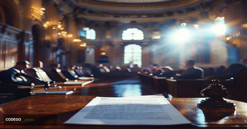 A photorealistic editorial photograph taken inside a grand neoclassical Washington D.C. banking committee hearing room, with 
