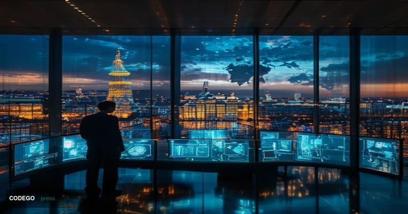 A cinematic editorial photograph depicting a vast, modern European institutional operations center, styled after Brussels' Eu