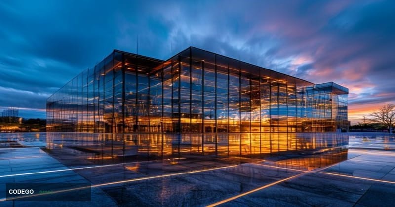 A cinematic editorial photograph centered on a modern corporate headquarters building with glass facades reflecting a dramati