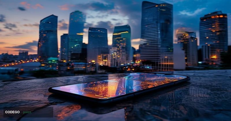 A cinematic editorial photograph set in Bogotá, Colombia, featuring the city's modern financial district skyline with the ico