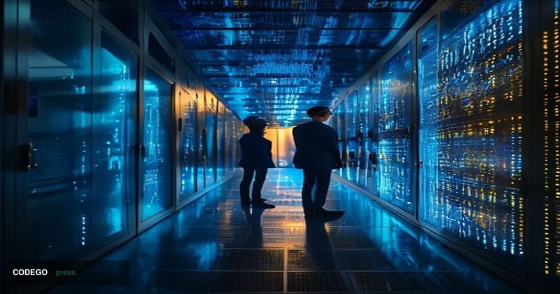 A dramatic cinematic editorial photograph set inside a high-security financial institution's server vault, with rows of glowi