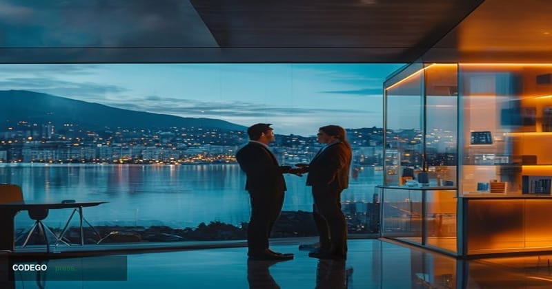A cinematic editorial photograph set in Lausanne, Switzerland, with the city's distinctive lakeside skyline and the Jura moun