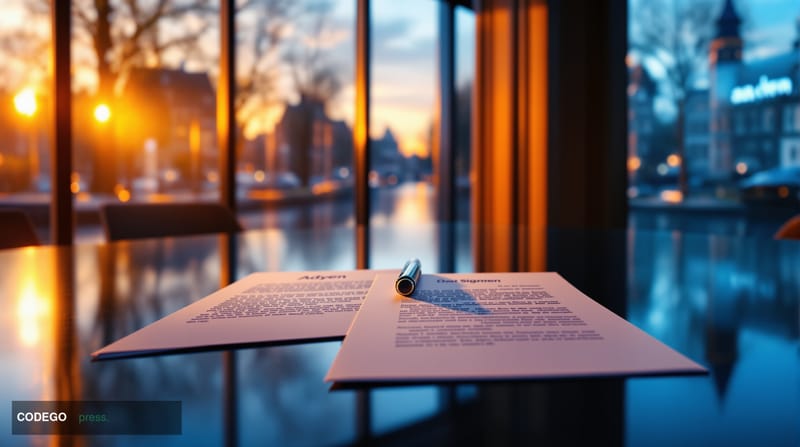 A dramatic cinematic editorial photograph of the Adyen corporate headquarters in Amsterdam, Netherlands, with the iconic Dutc