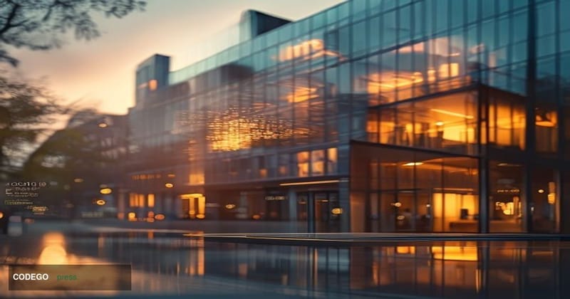 A dramatic cinematic editorial photograph of Adyen's Amsterdam headquarters building exterior, captured at golden hour with w