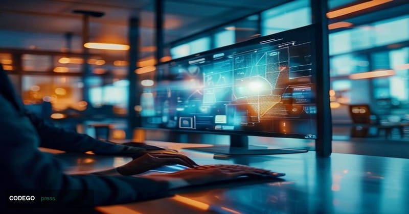 A cinematic editorial photograph set inside a modern corporate procurement office, with a large monitor prominently displayin