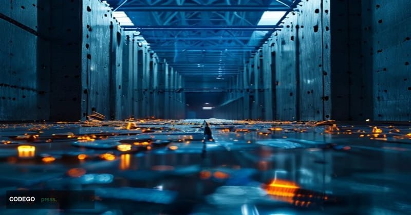 A dramatic cinematic editorial photograph taken from a low angle looking up at a fractured digital bridge structure suspended