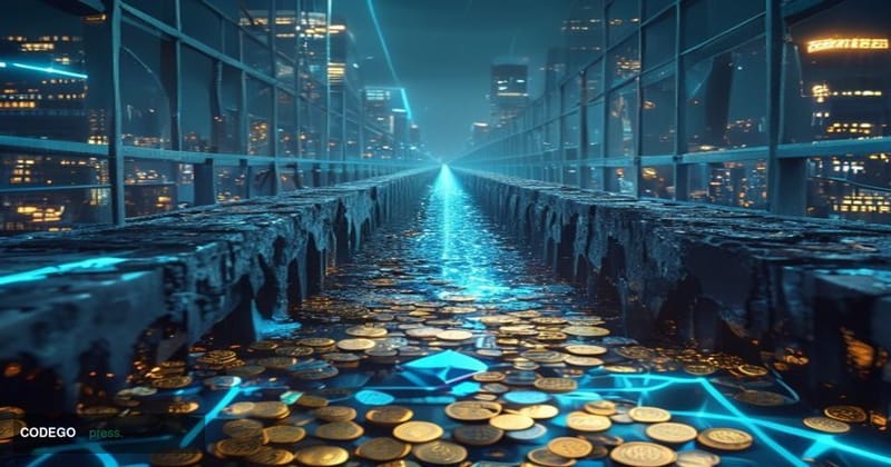 A cinematic editorial photograph depicting a fractured digital bridge structure suspended in darkness, rendered as physical i