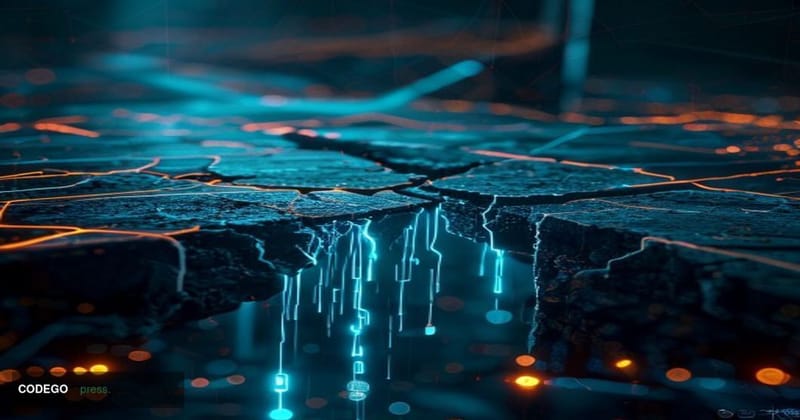A cinematic editorial photograph of a cracked digital bridge structure rendered in physical steel and glass, suspended over a