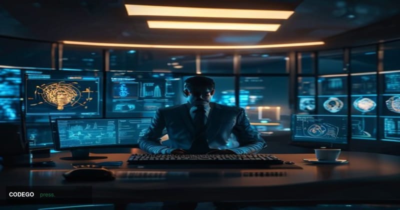 A cinematic editorial photograph set inside a sleek, near-future financial operations center, where a single suited male anal