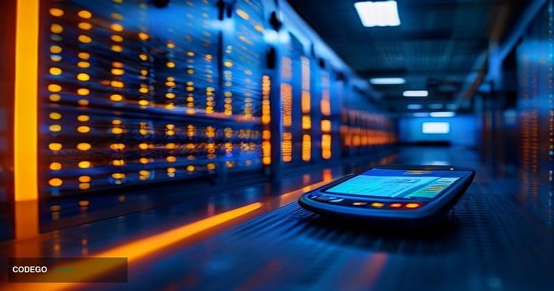 A cinematic editorial photograph shot from a low angle looking up at a gleaming financial district server facility interior, 