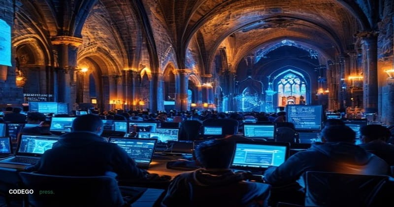 A photorealistic editorial photograph set inside a grand, high-ceilinged Cambridge University-style stone hall repurposed as 