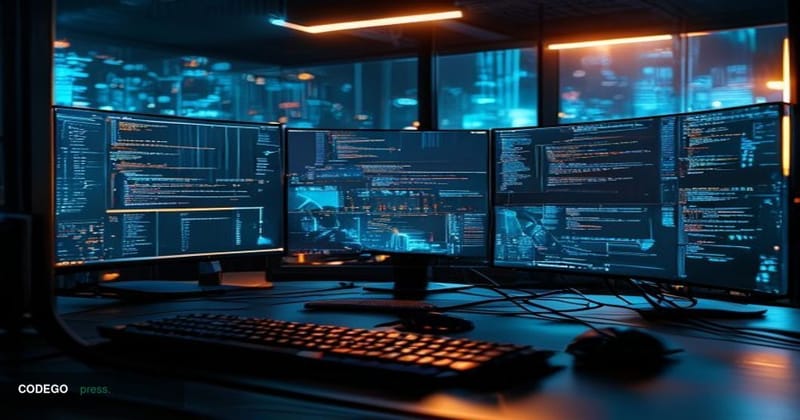 A cinematic editorial photograph of a developer's high-end workstation in a sleek, dimly lit modern tech studio, with multipl
