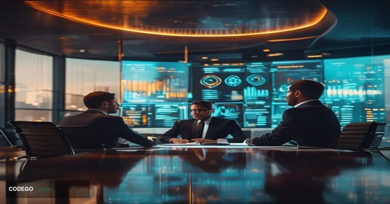 A cinematic editorial photograph set inside a sleek modern insurance brokerage office, shot from a low angle looking up towar