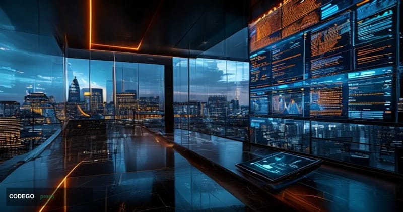 A sleek, modern banking operations floor shot from a low angle looking upward toward towering digital screens displaying flow