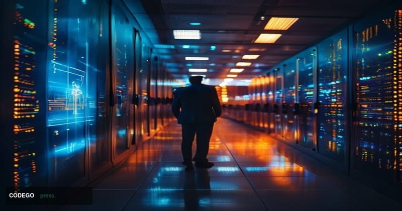 A dramatic cinematic editorial photograph set inside a sleek, high-security corporate data center with deep blue ambient ligh