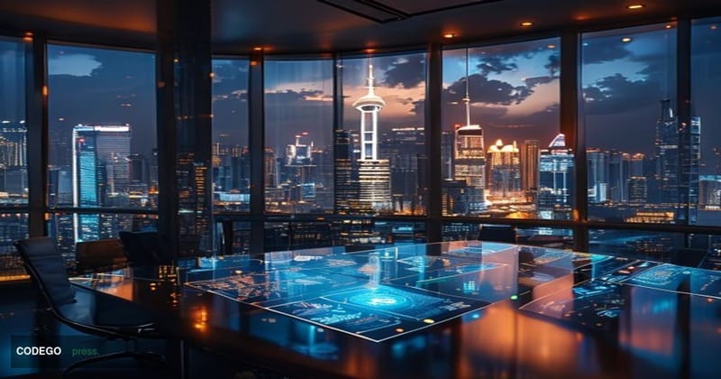 A cinematic editorial photograph set inside a sleek, modern fintech operations center with curved glass walls overlooking a d