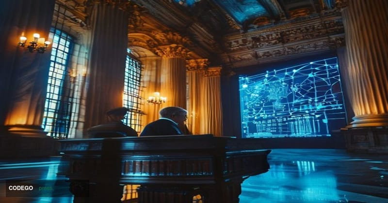 A dramatic cinematic editorial photograph set inside a grand neoclassical financial institution interior — modeled on the Ban