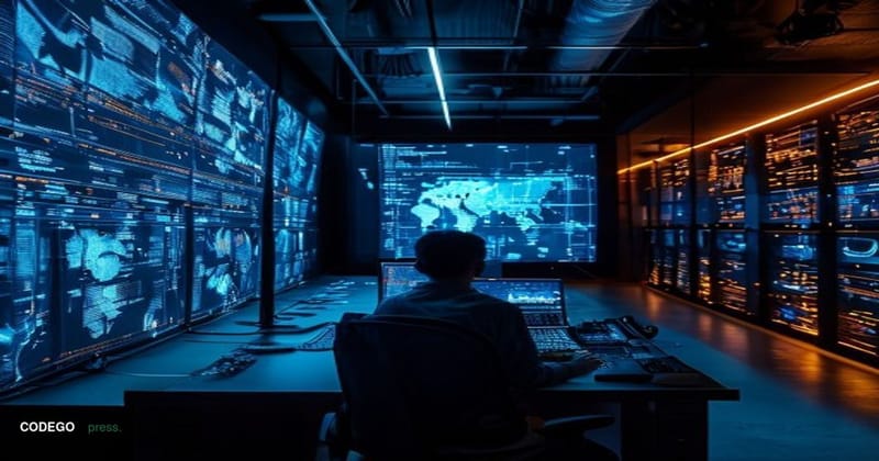 A dramatically lit cybersecurity operations center interior, viewed from a low-angle cinematic perspective, with rows of high
