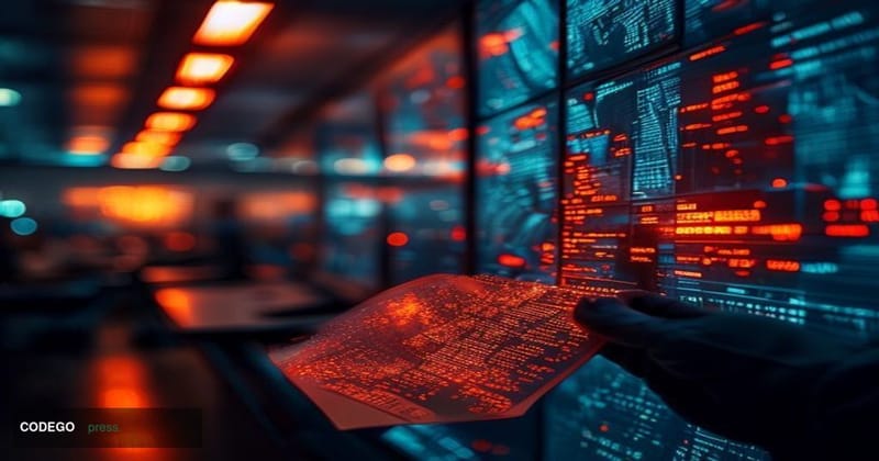 A cinematic editorial photograph set inside a dimly lit financial security operations center, shot from a low angle looking u
