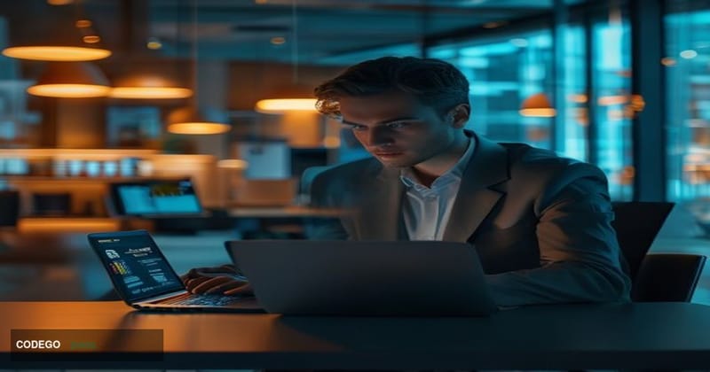 A cinematic editorial photograph set inside a sleek, modern American retail banking environment, with a young professional in