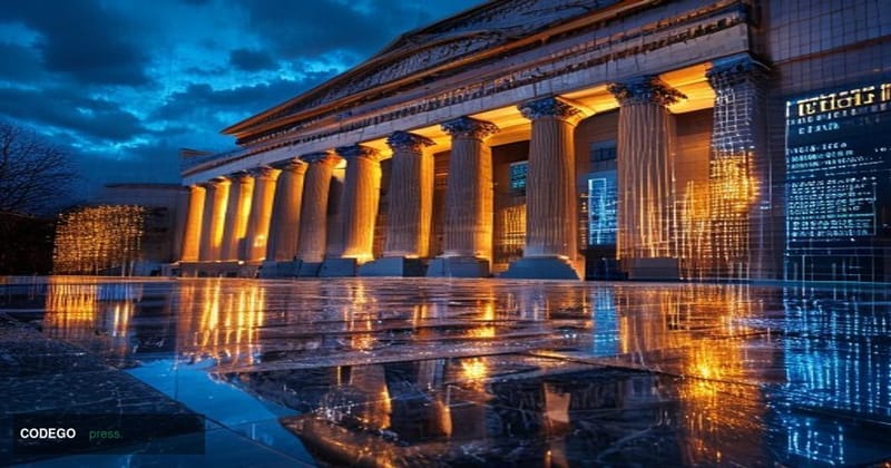 A dramatic photorealistic editorial photograph of the Federal Reserve Building in Washington D.C., its neoclassical stone fac