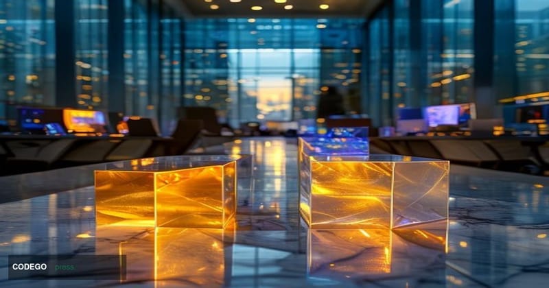 A cinematic editorial photograph set in a sleek European financial district at dusk, with a wide-angle shot framing a large g