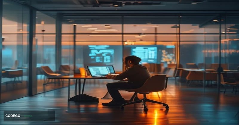 A cinematic editorial photograph set inside a sleek modern American career center or co-working space, where a young professi