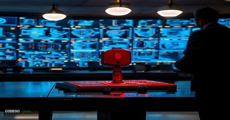 A cinematic editorial photograph set inside a dramatic federal government command center in Washington D.C., modeled after th