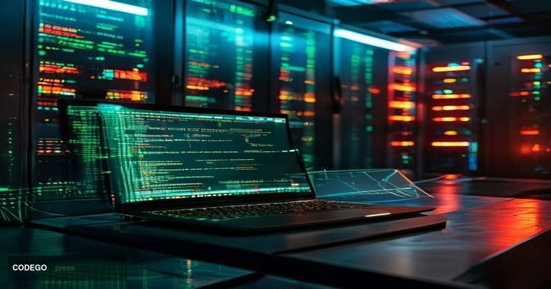 A cinematic editorial photograph set inside a dimly lit server room environment with glowing green and amber terminal screens