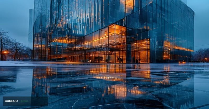 A photorealistic editorial photograph depicting the facade of a major Russian bank headquarters in Moscow, with the distincti