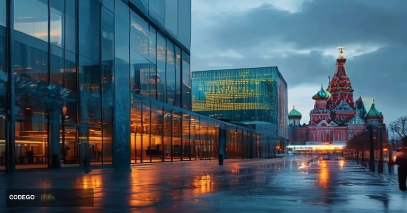 A photorealistic editorial photograph of a grand modern banking headquarters in Moscow, Russia, shot from a low angle at dusk