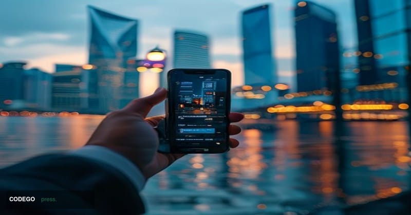 A cinematic editorial photograph set in a modern Asia Pacific financial hub — specifically the gleaming glass towers of Singa