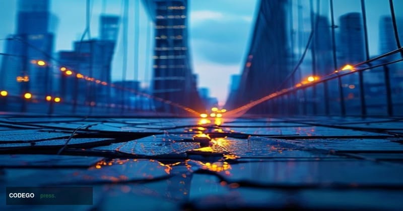 A cinematic editorial photograph depicting a broken or severed digital bridge structure rendered in physical form — a sleek g