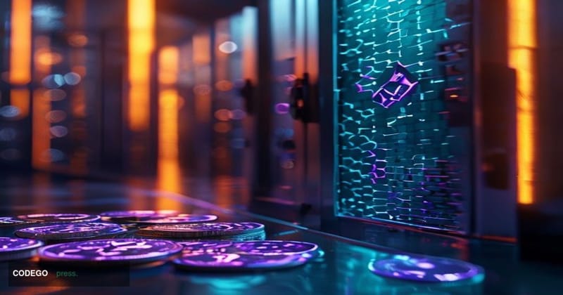A cinematic editorial photograph depicting a cracked digital vault door bearing faint Solana blockchain network motifs — the 