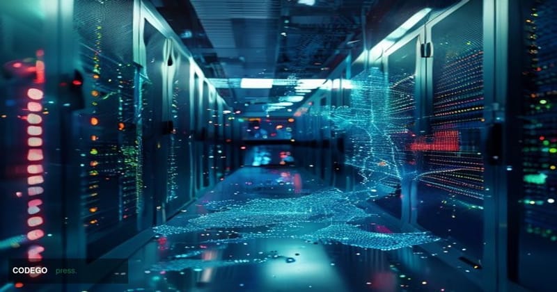 A cinematic editorial photograph depicting a darkened server room bathed in cold blue and amber lighting, with glowing hologr