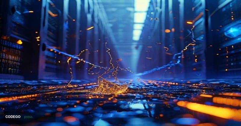 A cinematic editorial photograph depicting a shattered digital bridge suspended between two glowing server towers, one bathed