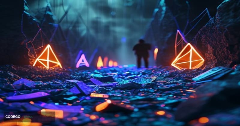 A dramatic cinematic editorial photograph depicting a fractured digital bridge structure spanning between two glowing nodes r