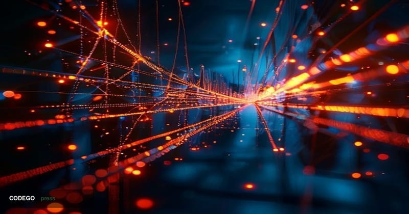 A cinematic editorial photograph depicting a fractured digital bridge structure rendered as gleaming steel and fiber-optic ca