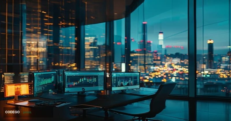 A cinematic editorial photograph capturing the interior of a modern financial technology company headquarters, with large flo