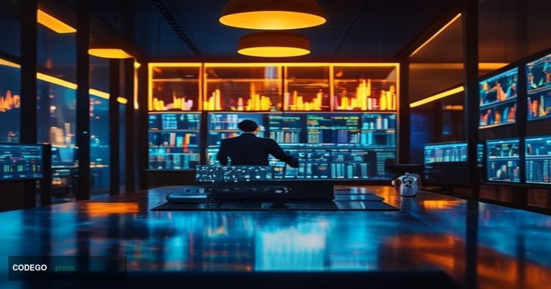 A cinematic editorial photograph set inside a sleek, modern financial technology operations center with dramatic chiaroscuro 