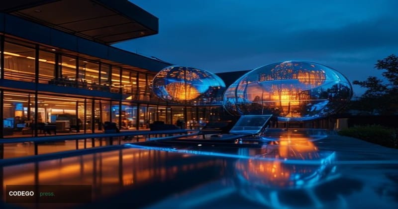 A cinematic editorial photograph of Amazon's Seattle headquarters campus at dusk, the iconic glass Spheres biospheres glowing