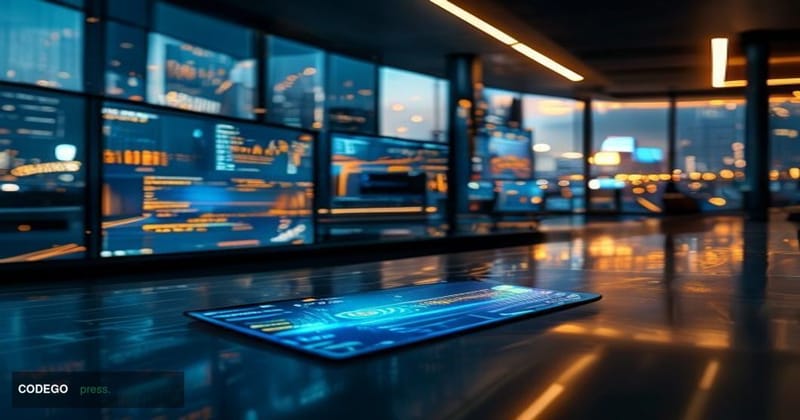 A cinematic editorial photograph set inside a sleek, modern corporate finance operations center, with large curved monitors d