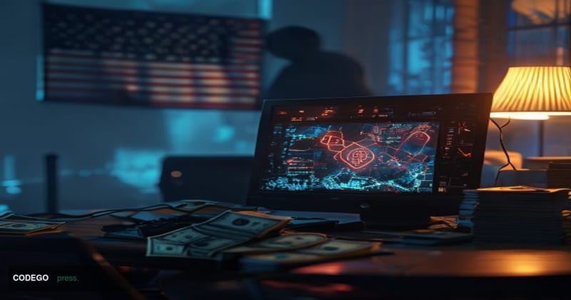 A photorealistic cinematic editorial photograph set inside a dimly lit American home office, foreground showing a cracked com