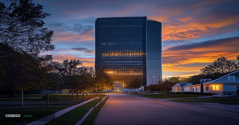 A photorealistic editorial photograph shot at dusk from a low angle looking up at a massive, industrial AI data center facili
