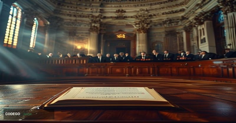 A cinematic editorial photograph set inside a grand, marble-floored congressional hearing room on Capitol Hill, Washington D.