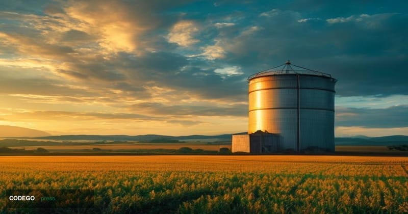 A cinematic editorial photograph shot at golden hour over Brazil's vast agricultural heartland in Mato Grosso state, with end