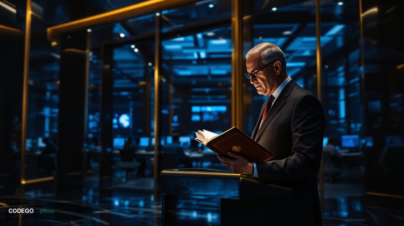 A cinematic editorial photograph set inside a formal European regulatory institution — marble corridors and glass-paneled con