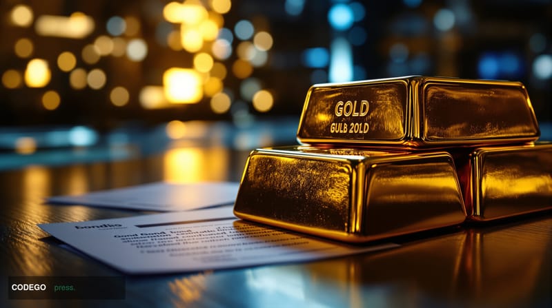 A dramatic close-up editorial photograph of gleaming gold bullion bars stacked in a reinforced vault, partially replacing a s