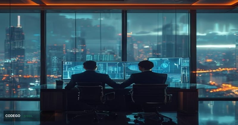 A cinematic editorial photograph set inside a sleek, minimalist venture capital fund management office at dusk, with floor-to